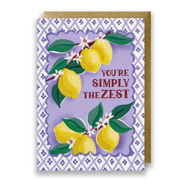 Greeting card with lemons and text 'You're Simply the Zest' on a purple background