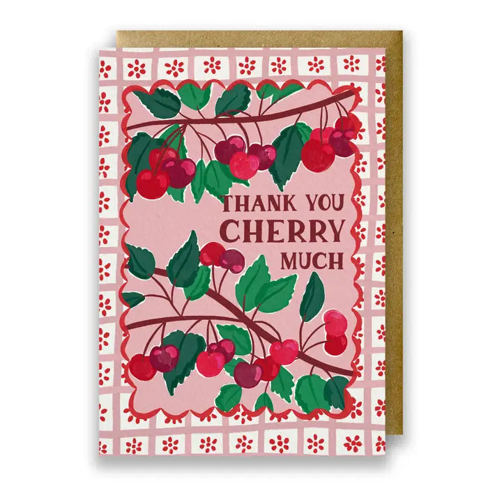 Greeting card with cherry design and 'Thank you cherry much' text on a pink background.