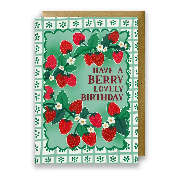 Greeting card with strawberry design and text 'Have a berry lovely birthday' on a green checkered background.