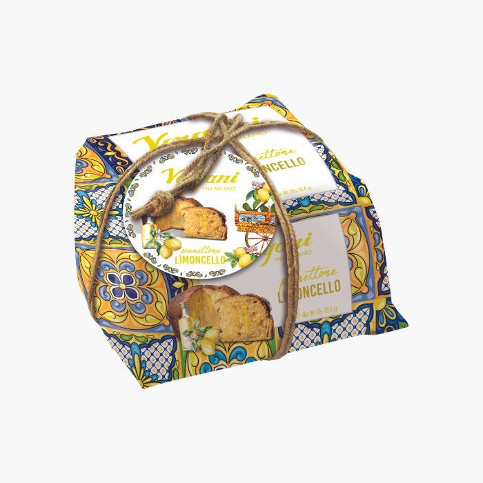 Vergani limoncello panettone in italian theme gift wrap on a white background
