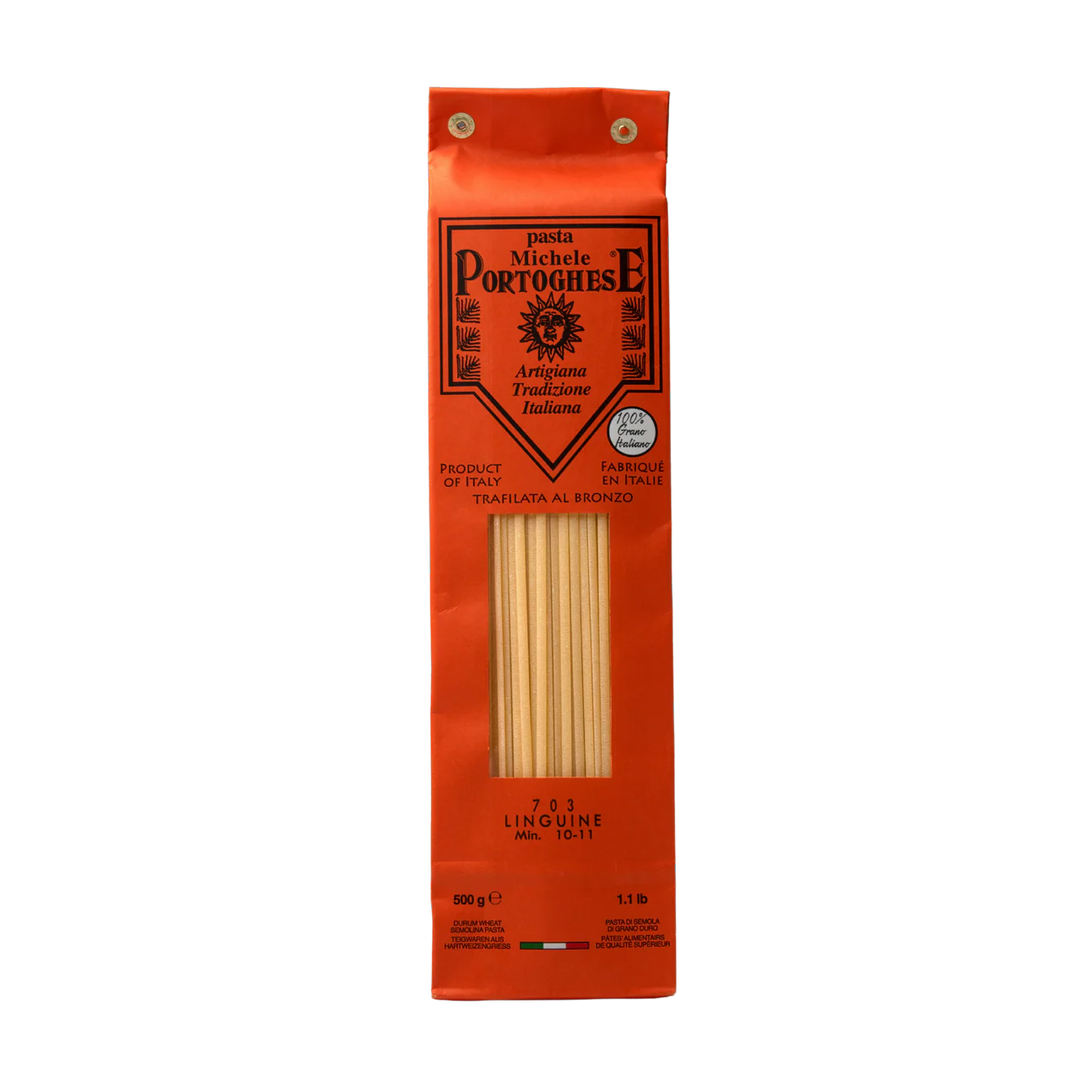 Michele Portoghesi pasta packaging with an orange background