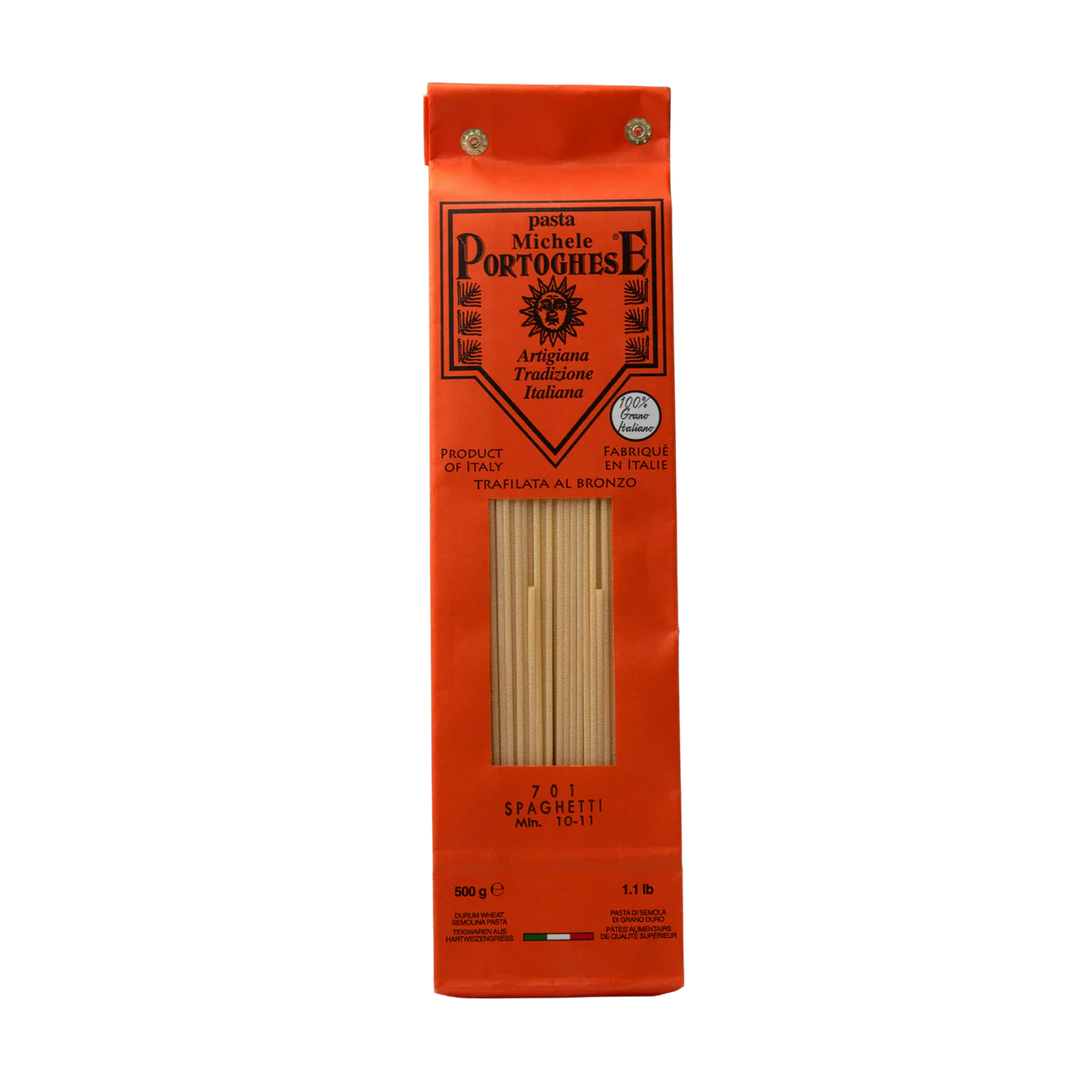 Pasta Portoghese spaghetti with orange packaging on a white background