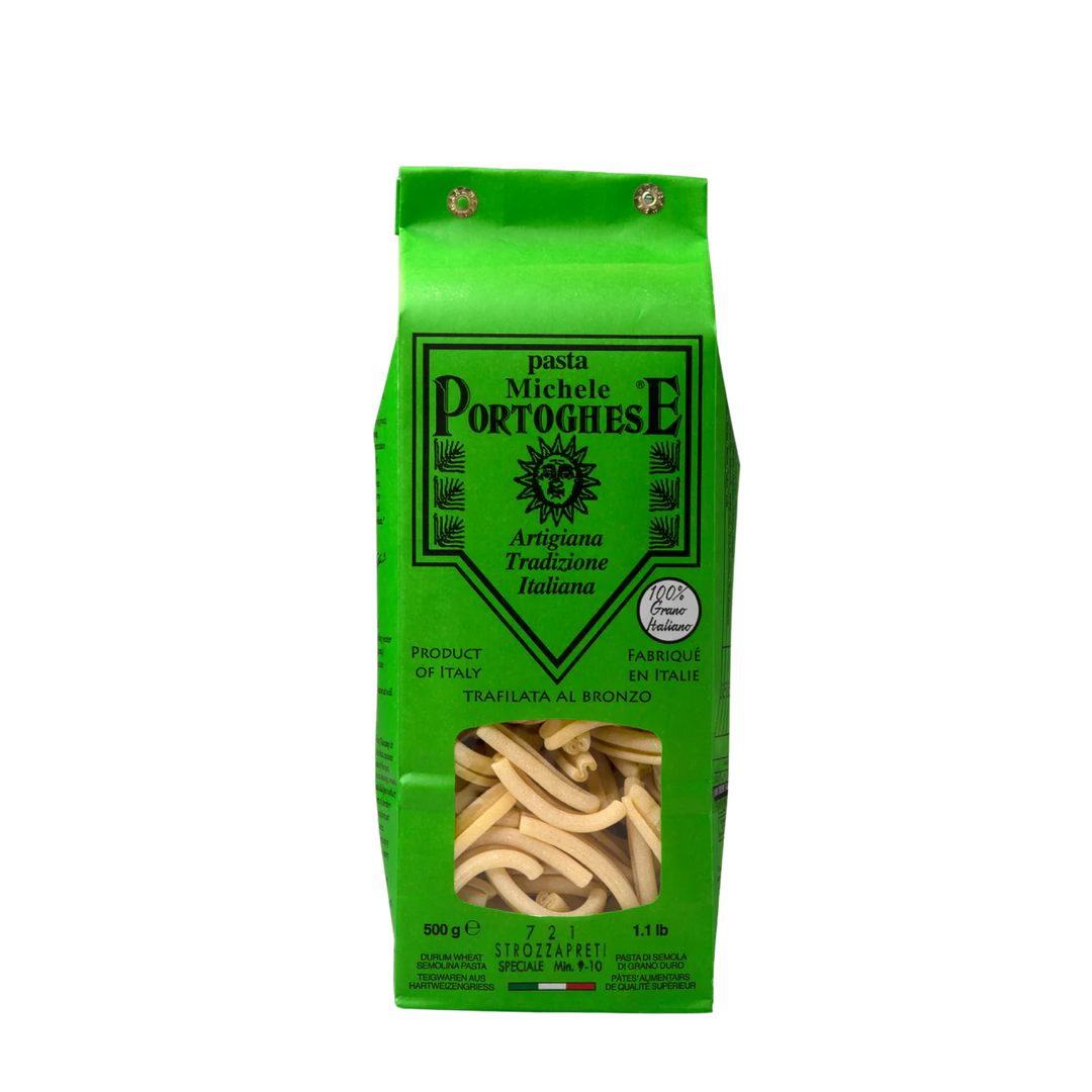 Michele Portughese Strozzapreti pasta in a green bag on a white background