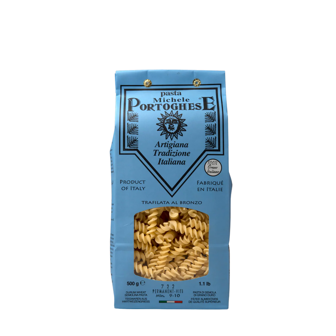 Michele Portughese fusilli pasta in a blue bag on a white background