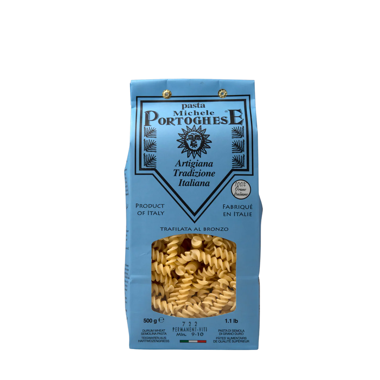 Michele Portughese fusilli pasta in a blue bag on a white background