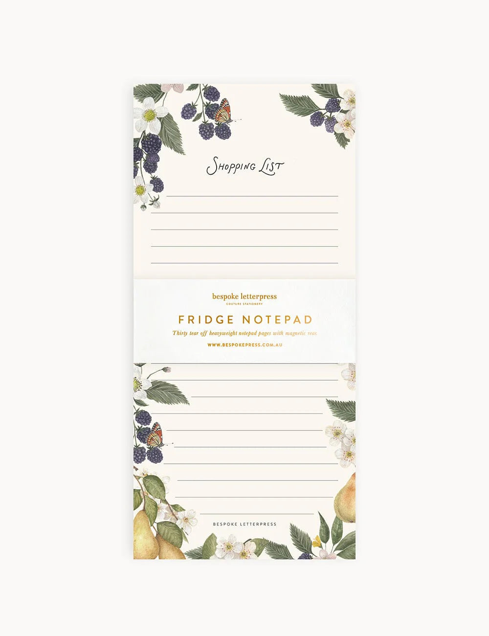 Fridge notepad with fruit and floral design on a white background