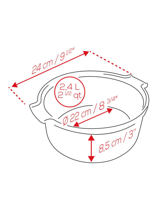 Measurement chart of a kitchen container with dimensions in centimeters and inches.