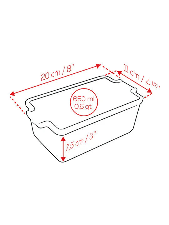Measurement chart of a terrine mould with dimensions in centimeters and inches.