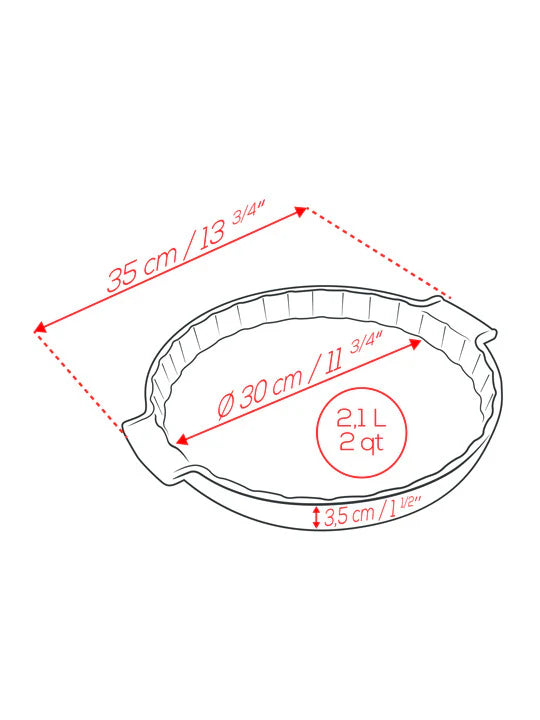 Measurement chart of a dish with dimensions and volume indicated.