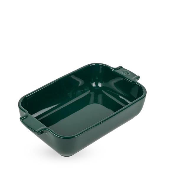 Green rectangular baker with handles on a white background