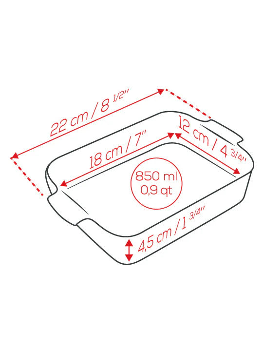 Measurement chart of a rectangular dish with dimensions and volume indicated.