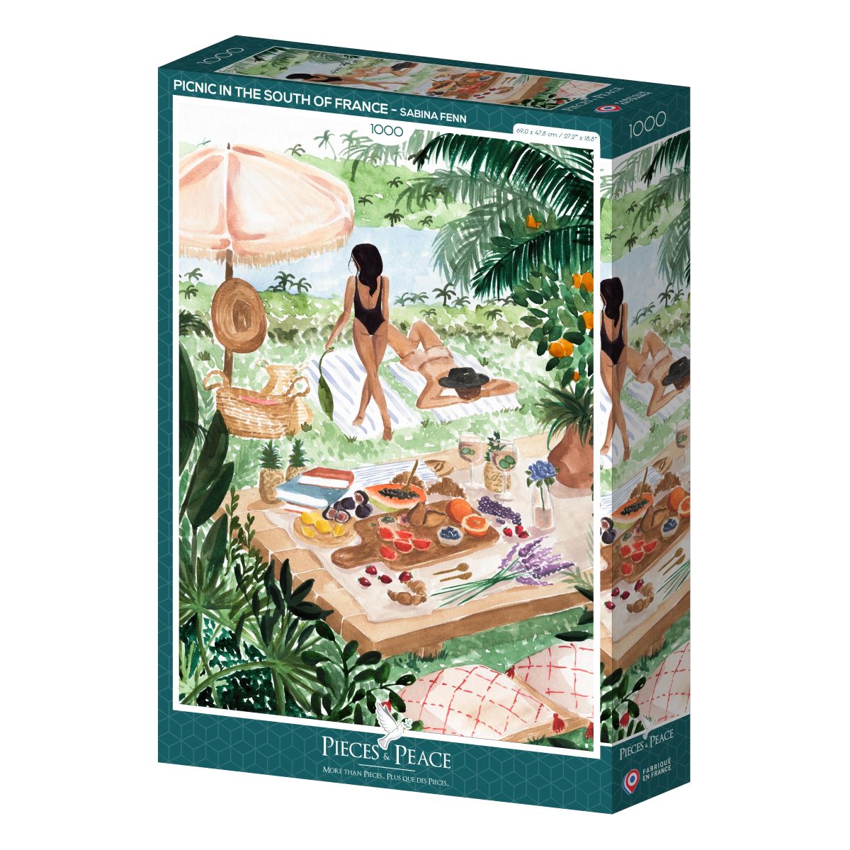 Jigsaw puzzle box with a scenic design of a picnic in the South of France, featuring people by a table with food and an umbrella.