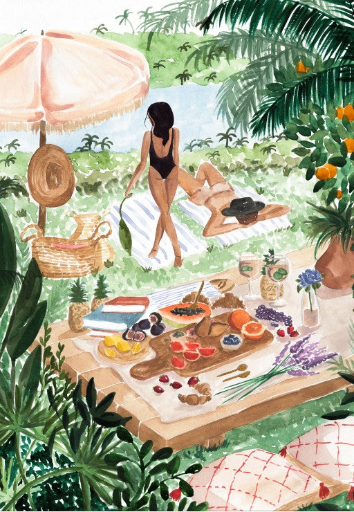Illustration of a tropical picnic scene with a woman in a bikini lying on a towel under an umbrella.