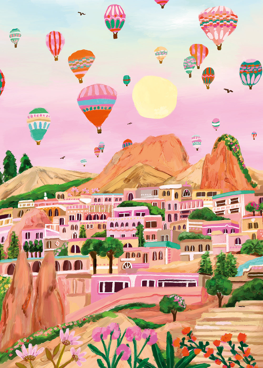 Illustration of a town with colorful hot air balloons in the sky
