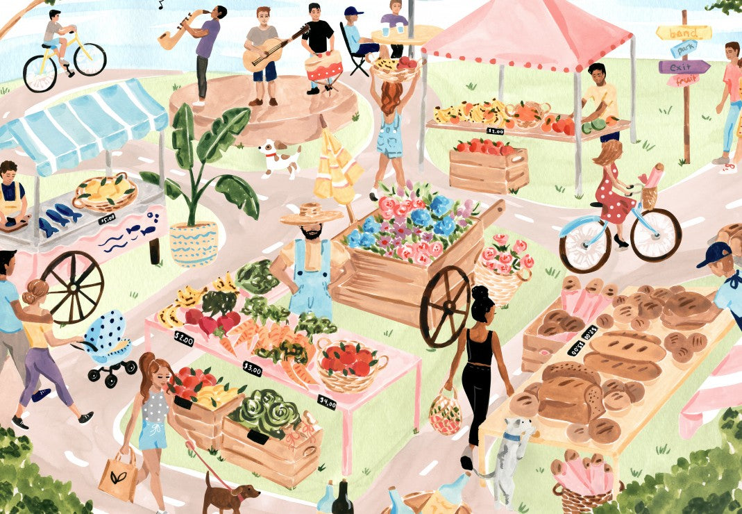 Illustration of a lively outdoor market with people, food stalls, and bicycles.
