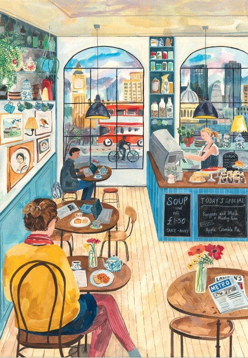 Illustration of a cozy café interior with people sitting at tables and a view of a cityscape through the window.