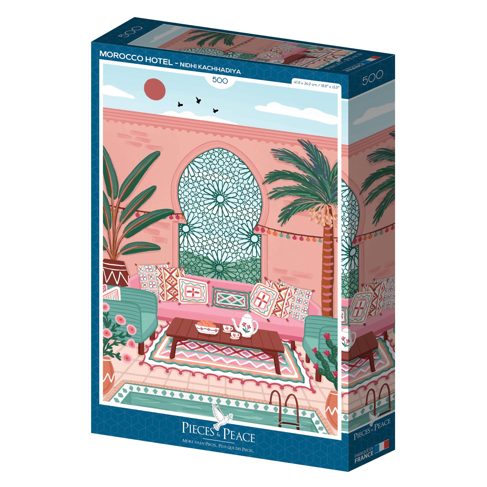 Jigsaw puzzle box with a colorful design of a Moroccan hotel interior.
