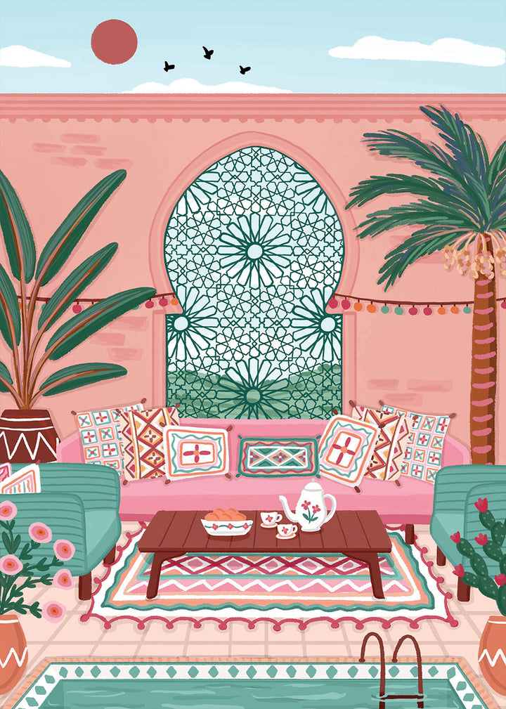 Illustration of a colorful patio with pink walls, green plants, and a table with tea set.