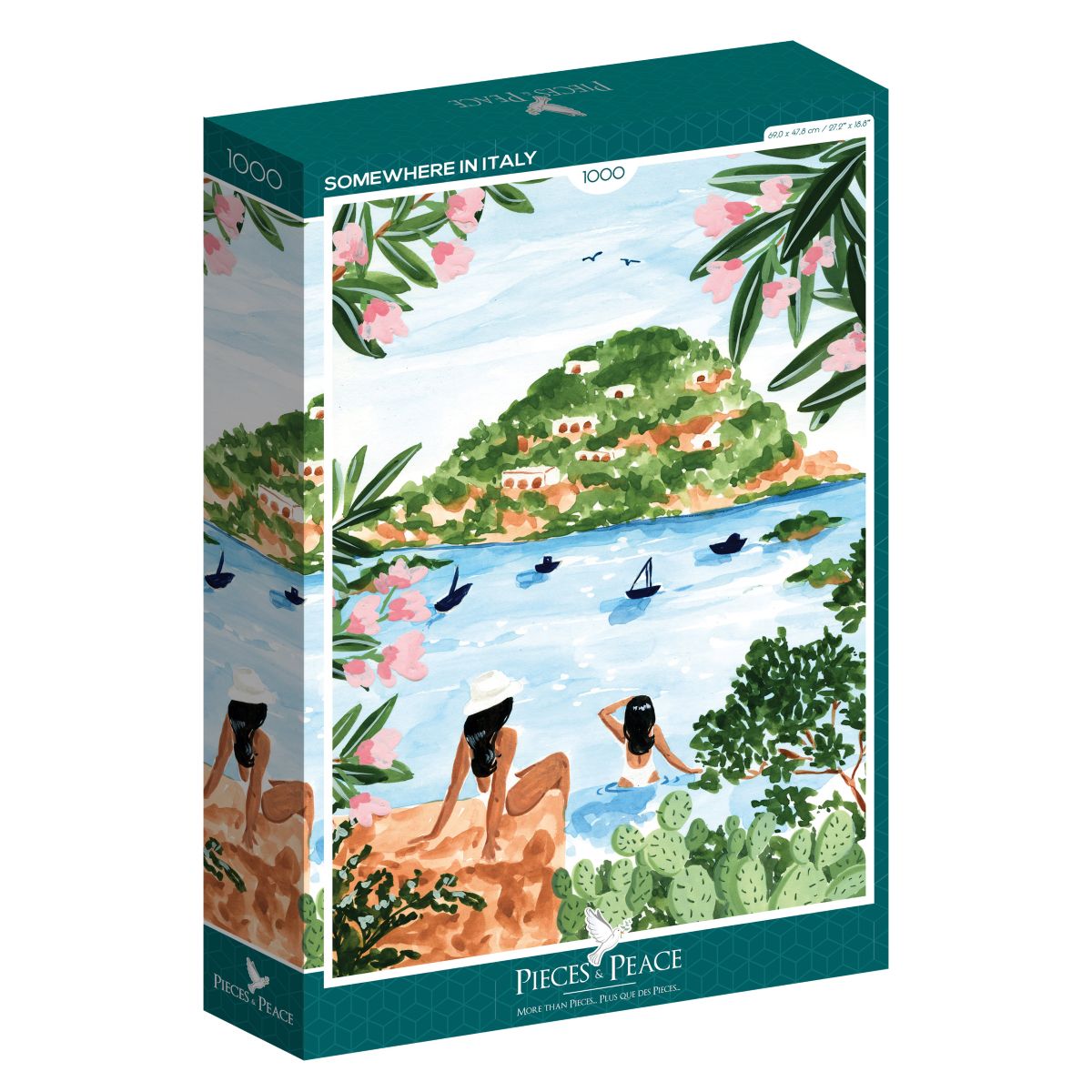 Jigsaw puzzle box with scenic artwork of people by a lake and mountains, featuring 'Somewhere in Italy' theme.