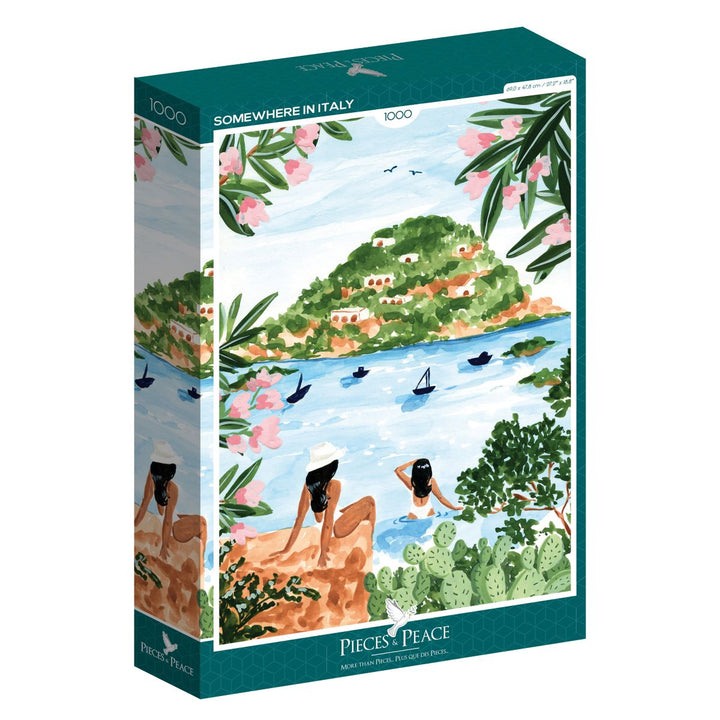 Jigsaw puzzle box with scenic artwork of people by a lake and mountains, featuring &
