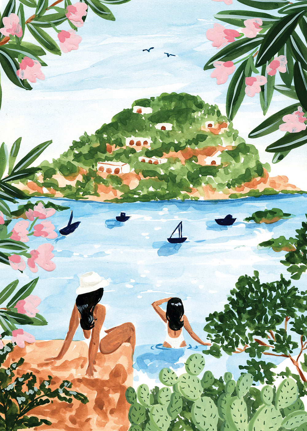 Illustration of a tropical beach scene with people in the water and a hillside village.