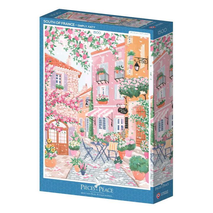Jigsaw puzzle box with a scenic village design on the South of France theme.