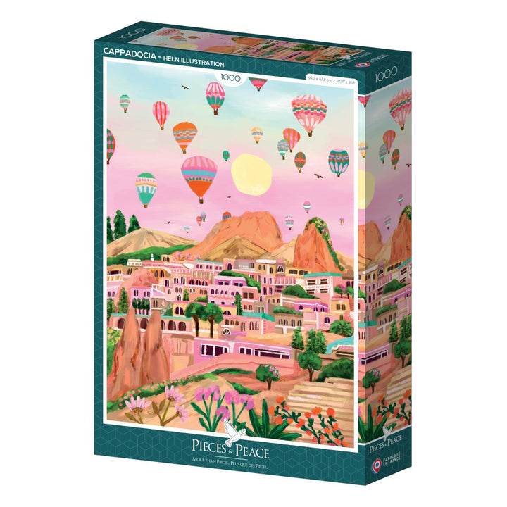 Jigsaw puzzle box with a colorful illustration of a town and hot air balloons.
