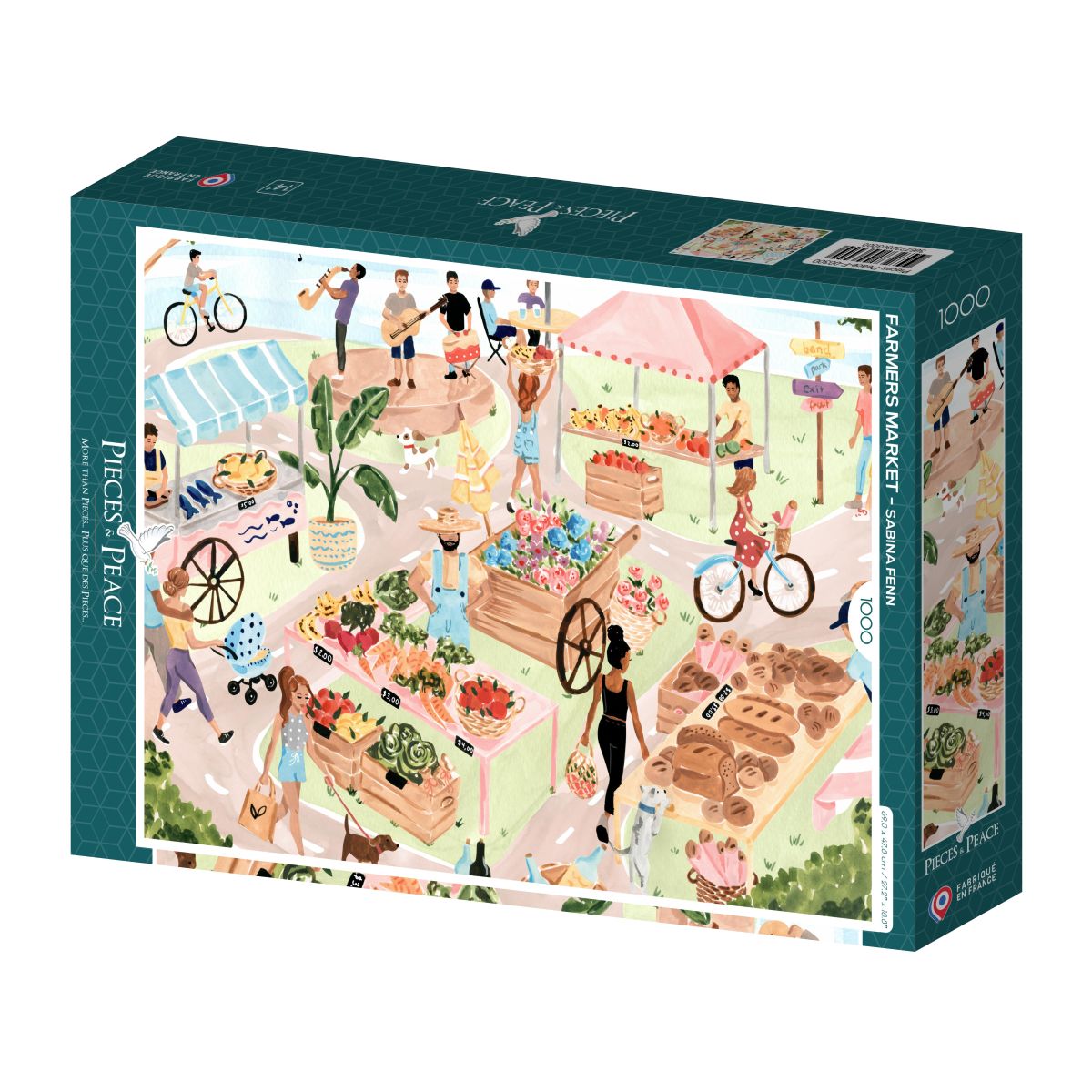 Jigsaw puzzle box with a colorful illustration of a farmers market scene on a white background.