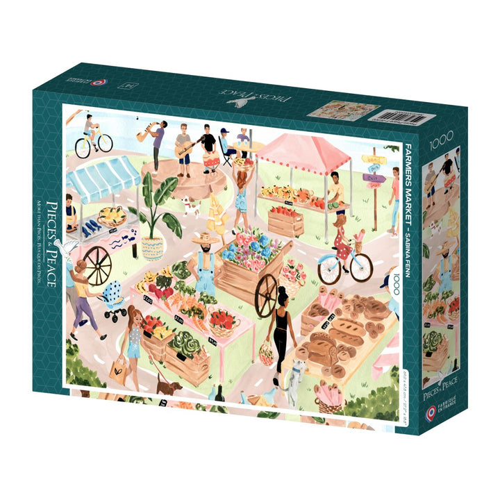 Jigsaw puzzle box with a colorful illustration of a farmers market scene on a white background.