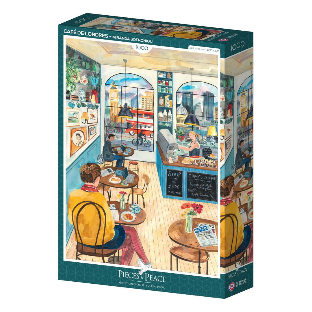 Jigsaw puzzle box with a colorful illustration of a cafe scene on the cover