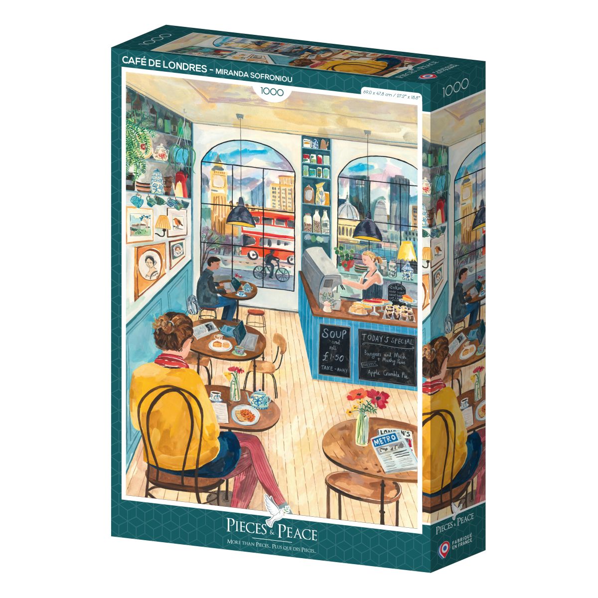 Jigsaw puzzle box with a colorful illustration of a cafe scene on the cover