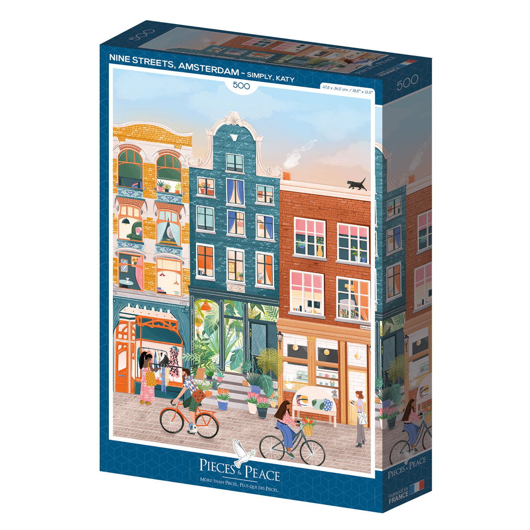 Jigsaw puzzle box with colorful illustration of a street scene and &