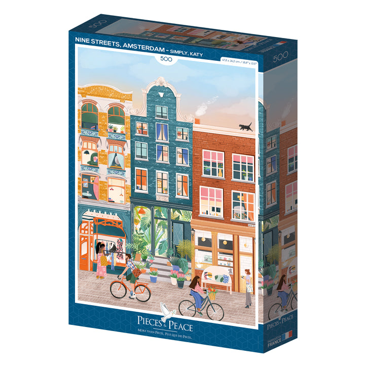 Jigsaw puzzle box with colorful illustration of a street scene and &