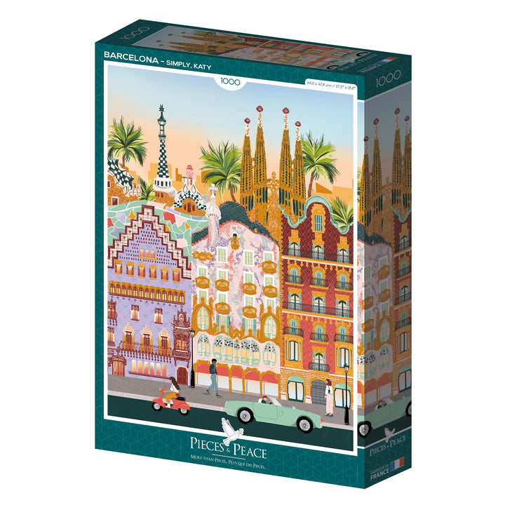 Jigsaw puzzle box with colorful illustration of Barcelona architecture and street scene.