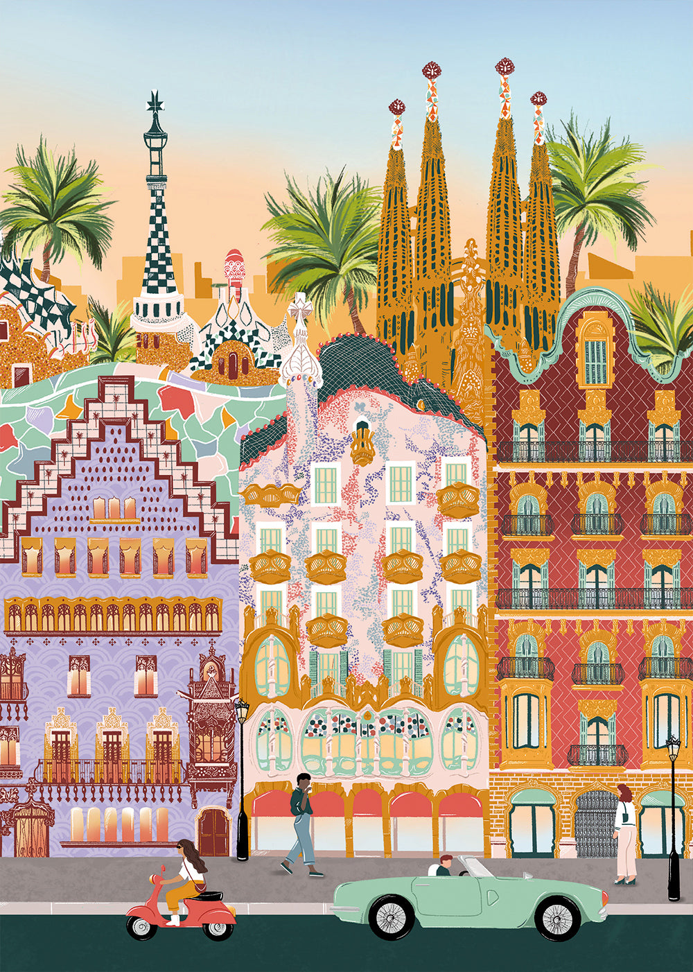 Illustration of colorful architectural landmarks in a cityscape with people and vehicles.