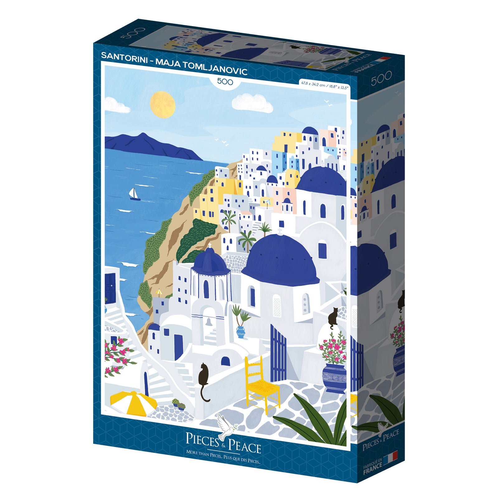 Puzzle box with Santorini artwork on a white background
