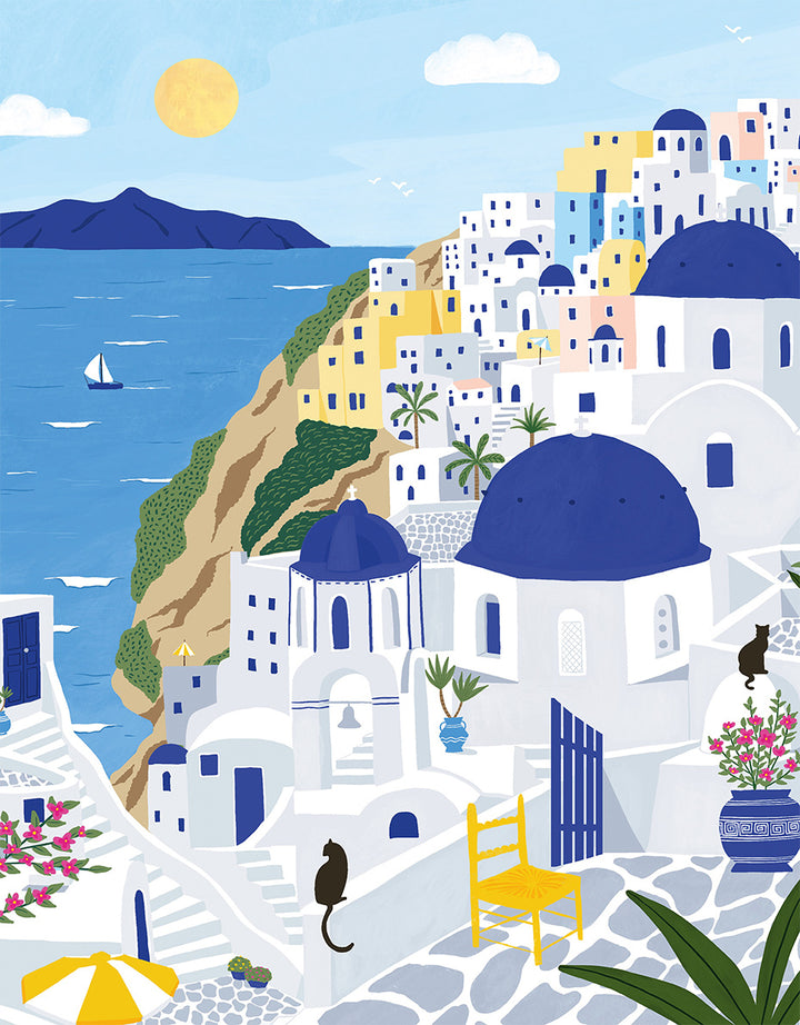 Illustration of a coastal town with blue domes and white buildings, featuring a yellow sun and blue sea.