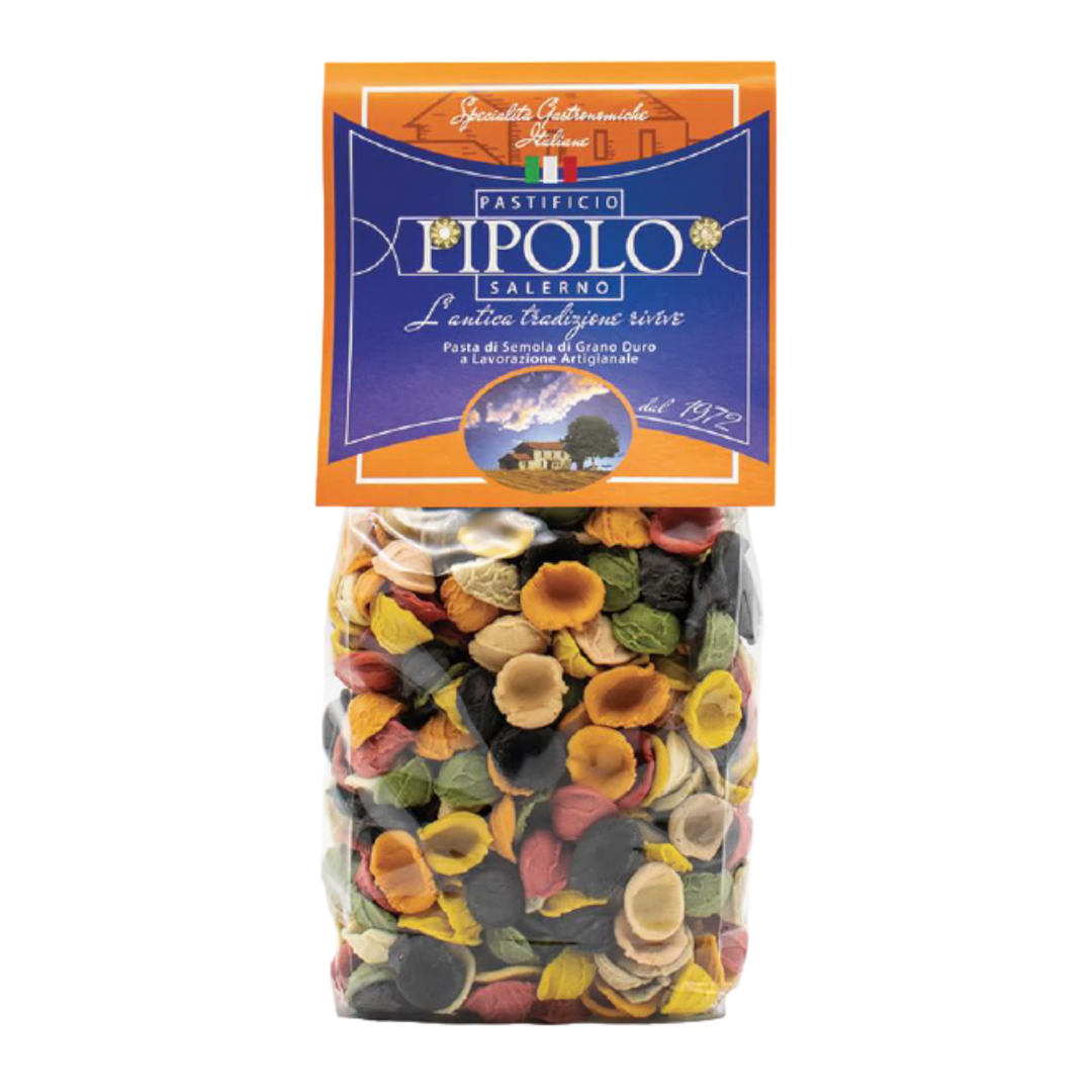 Packaged colorful pasta with Pipolo Salerno brand label on a white background
