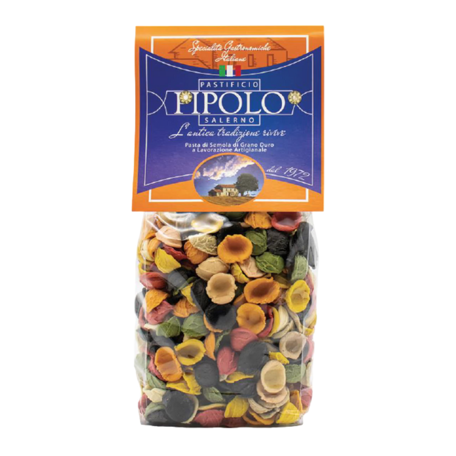 Packaged colorful pasta with Pipolo Salerno brand label on a white background