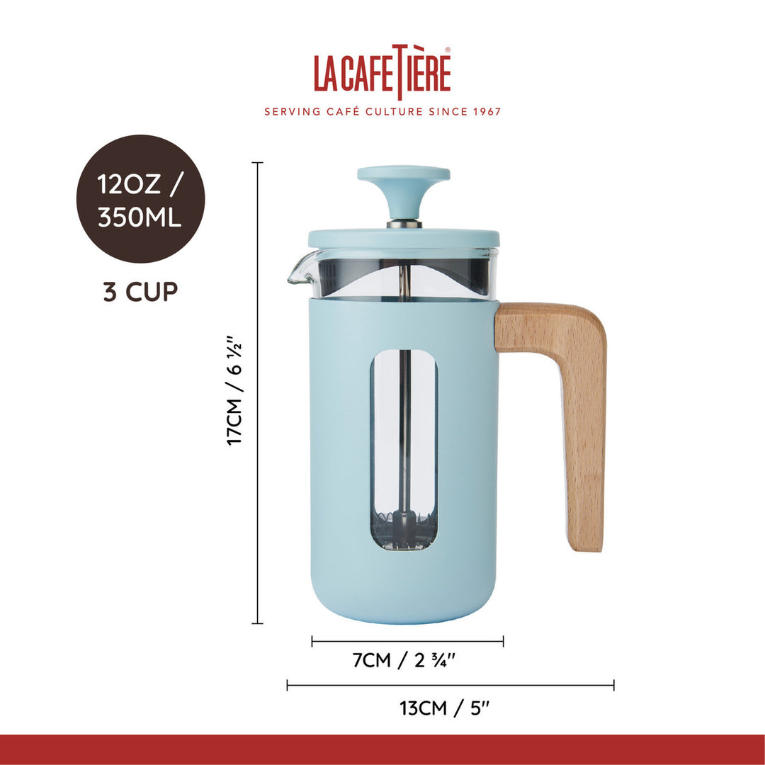 Light blue French press with wooden handle and La Cafétière branding, showing dimensions on a white background.