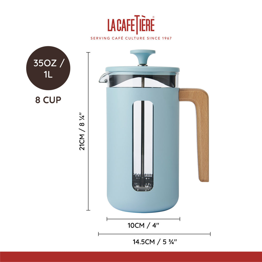 Blue French press with wooden handle and dimensions on a white background, featuring La Cafetiere branding.