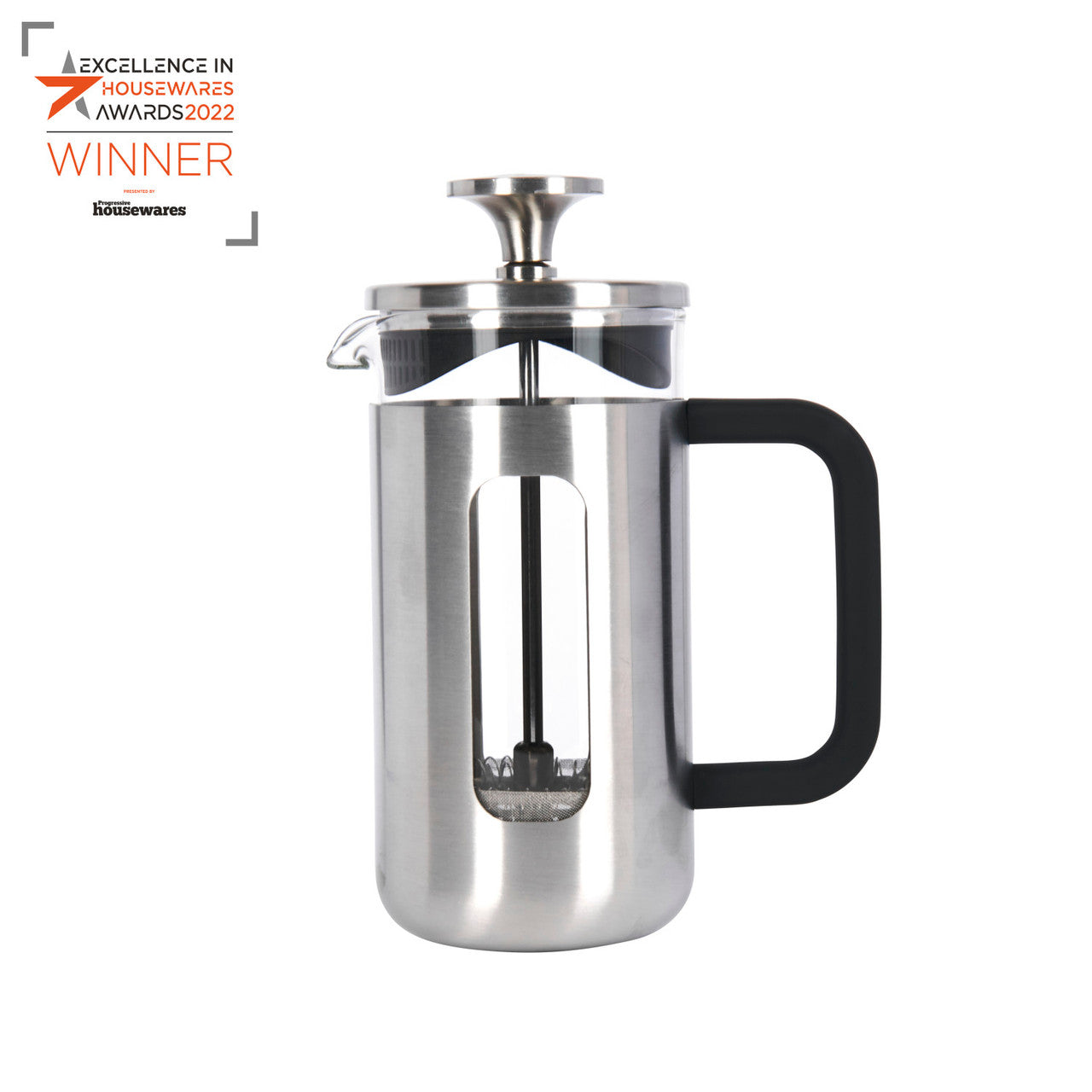 Stainless steel French press coffee maker with black handle on a white background, featuring 'Excellence in Housewares Awards 2022' text.