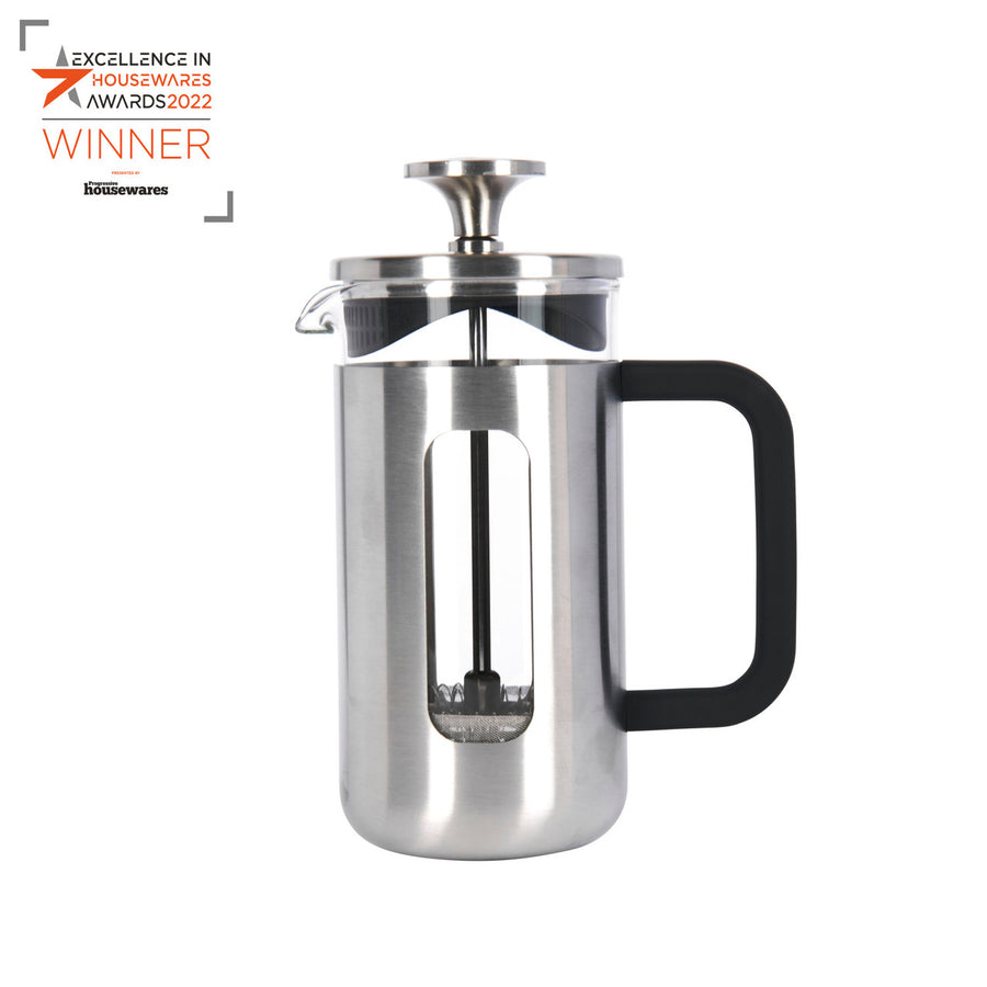 Stainless steel French press coffee maker with black handle on a white background, featuring 'Excellence in Housewares Awards 2022' text.