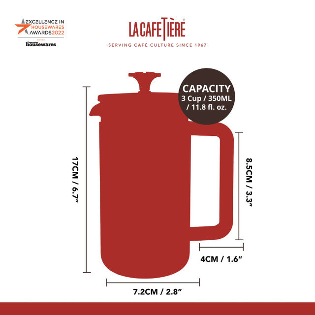 Coffee press with dimensions and capacity details on a white background, featuring La Cafétière branding.