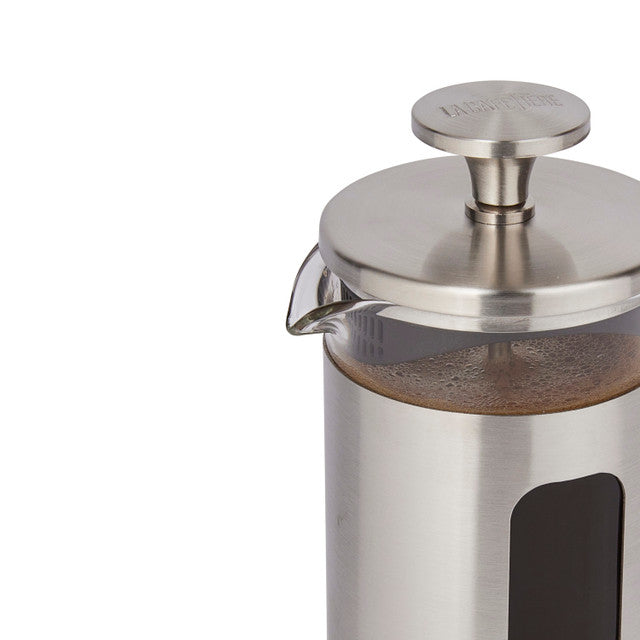 Stainless steel French press coffee maker on a white background