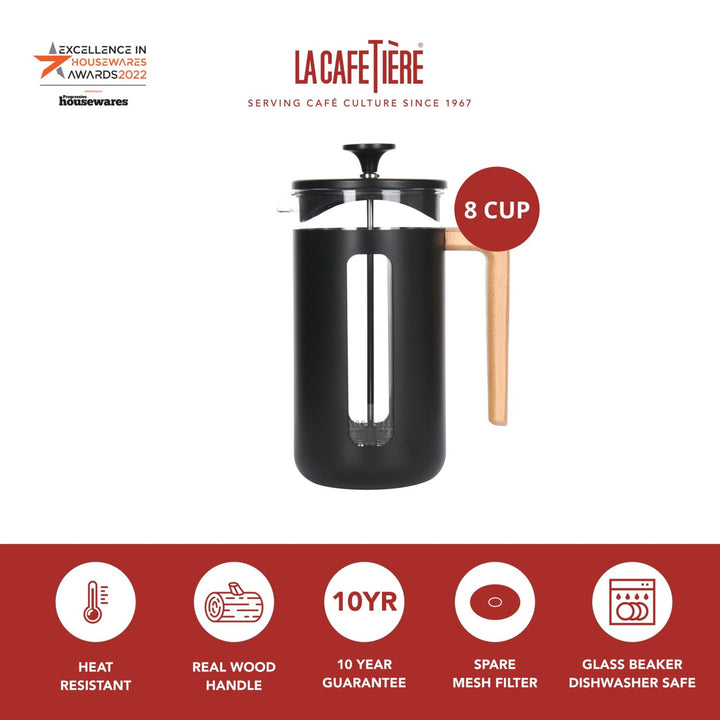 Black French press coffee maker with wooden handle on a white background, featuring La Cafétière branding.