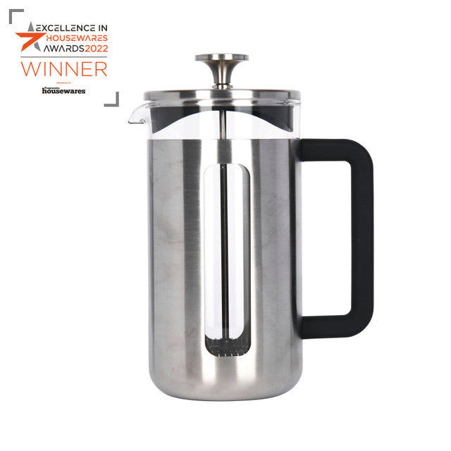 Stainless steel French press coffee maker with black handle on a white background, featuring Excellence in Housewares Awards 2022 text.