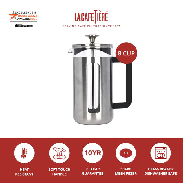 La Cafétière 8 cup French press with brand logo and product features on a white background