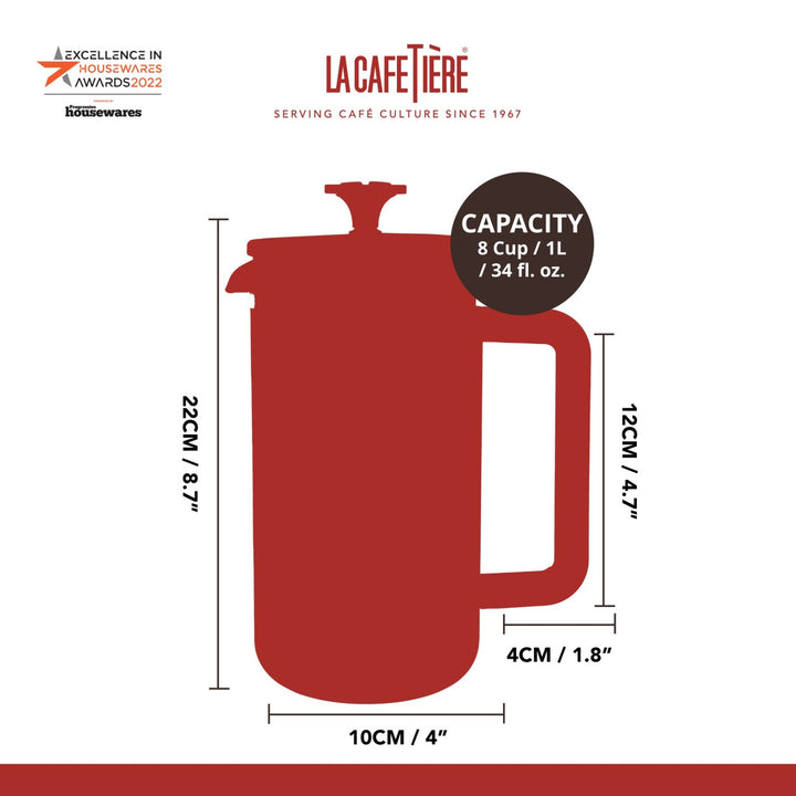 Red coffee press with dimensions and La Cafétière branding on a white background