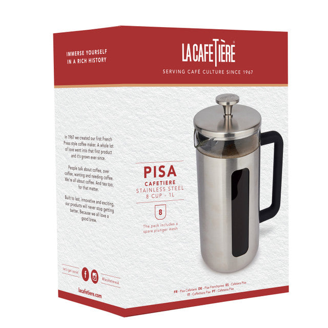 La Cafétière Pisa cafétière packaging with a silver cafétière on a white background